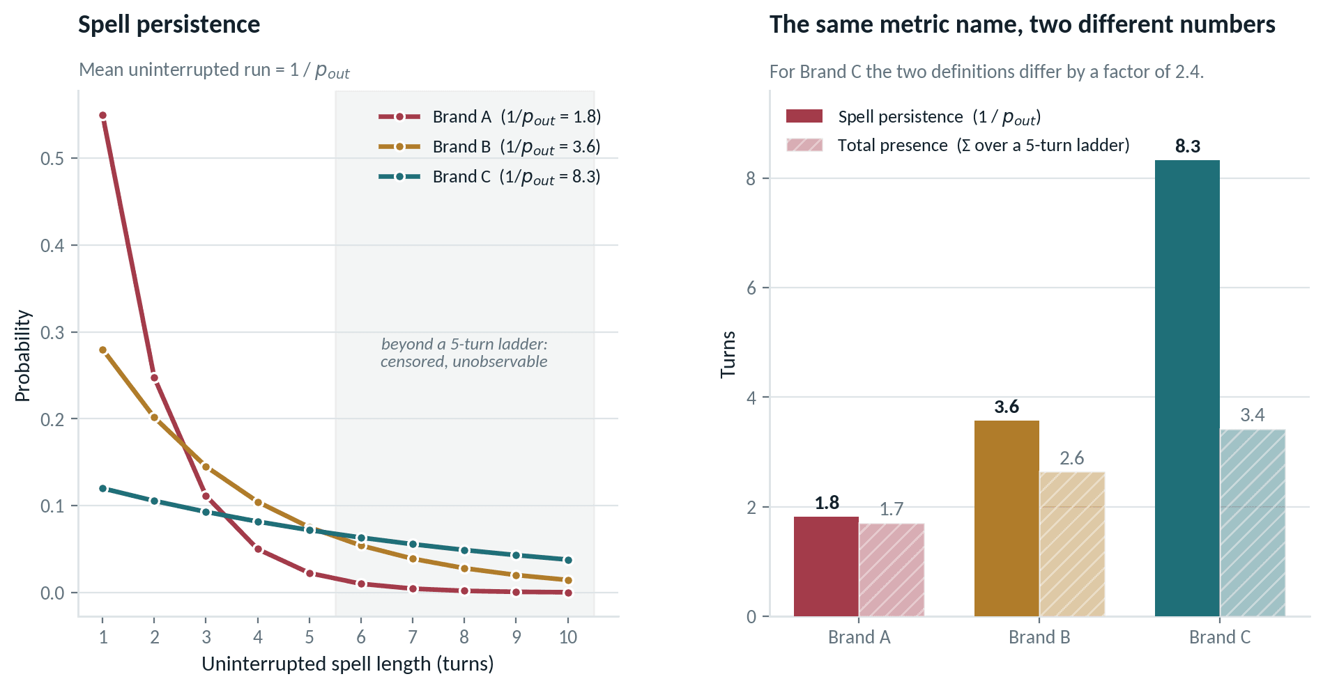 Left: geometric spell-length distributions for three brands with a shaded region for lengths a five-turn ladder cannot observe; right: spell persistence versus total presence for the same brands